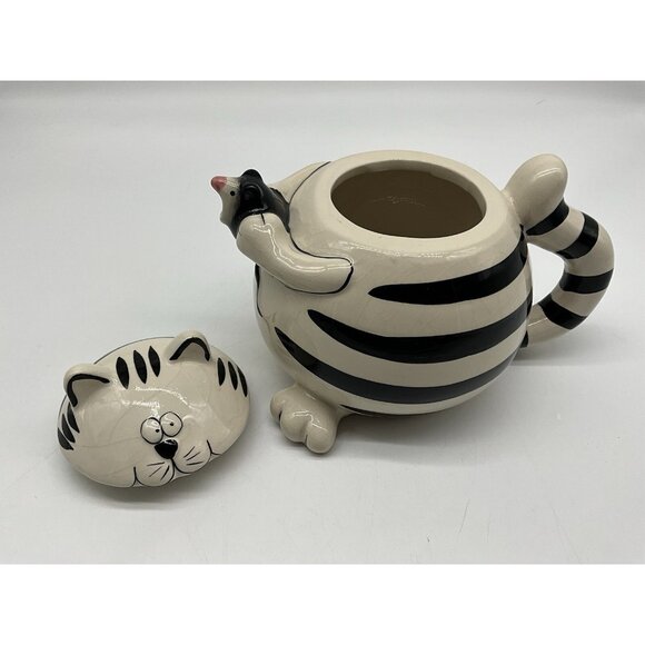 Pier 1 Imports Teapot Chubby Black & White Striped Cat Holding a Mouse as Spout - Picture 15 of 16